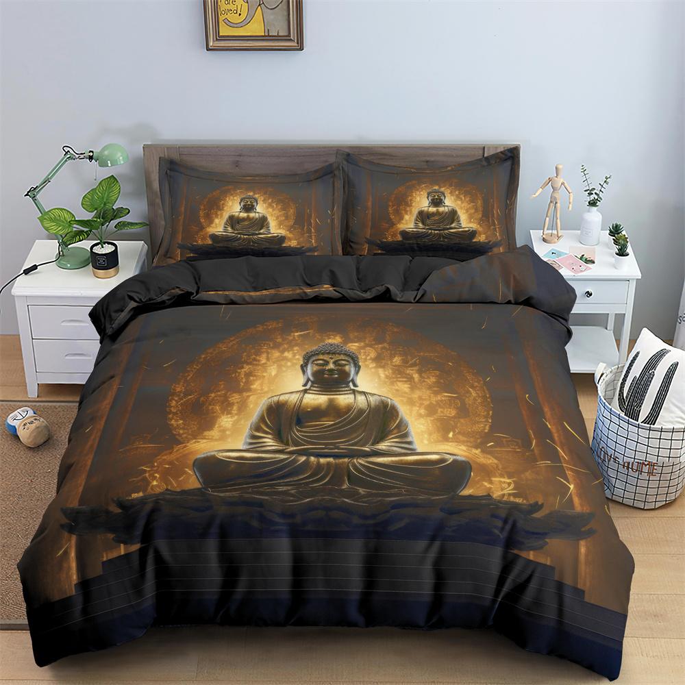 Ensemble de housse de couette Bouddha, Ensemble de literie motif statues de Bouddha de méditation, Ultra-doux (1*Housse de couette + 1/2*Taies d'oreiller, Sans garnissage) AU Single 140x210cm