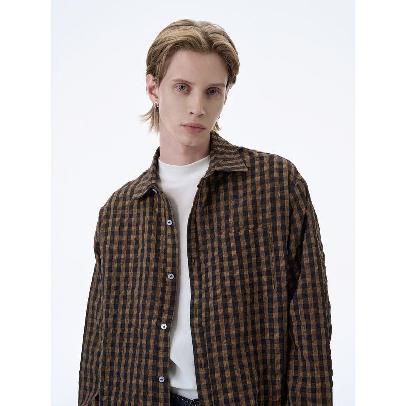 Kisko American Retro Bubble Gauze Plaid Distressed Long-Sleeved Shirt for Men and Women, Handsome Loose Casual Work Clothing Shirt