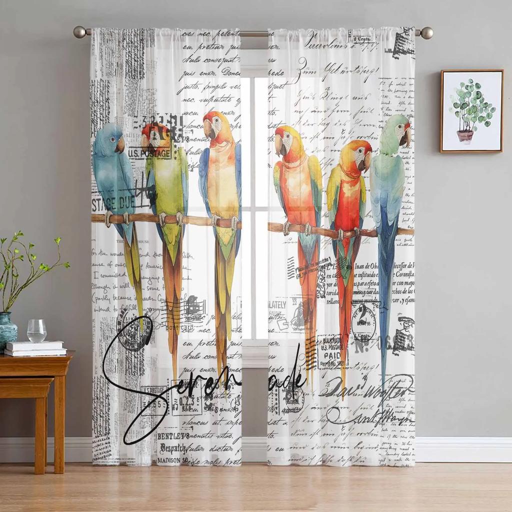 Tropical Leaves Parrot Flowers Sheer Drapes for Living Room Decoration Window Curtains Kitchen Curtains