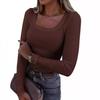 Women's U Neck Long Sleeve Tee Slim Fit Casual Ribbed Knit Solid Color Spring Basic Top