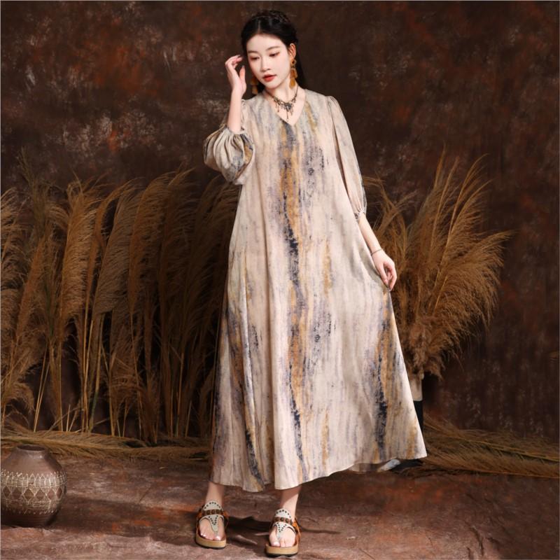 Johnature Summer Woman Balloon Sleeves Vintage Style Loose V-Neck Dress Terylene Half Sleeve Print Casual Dress