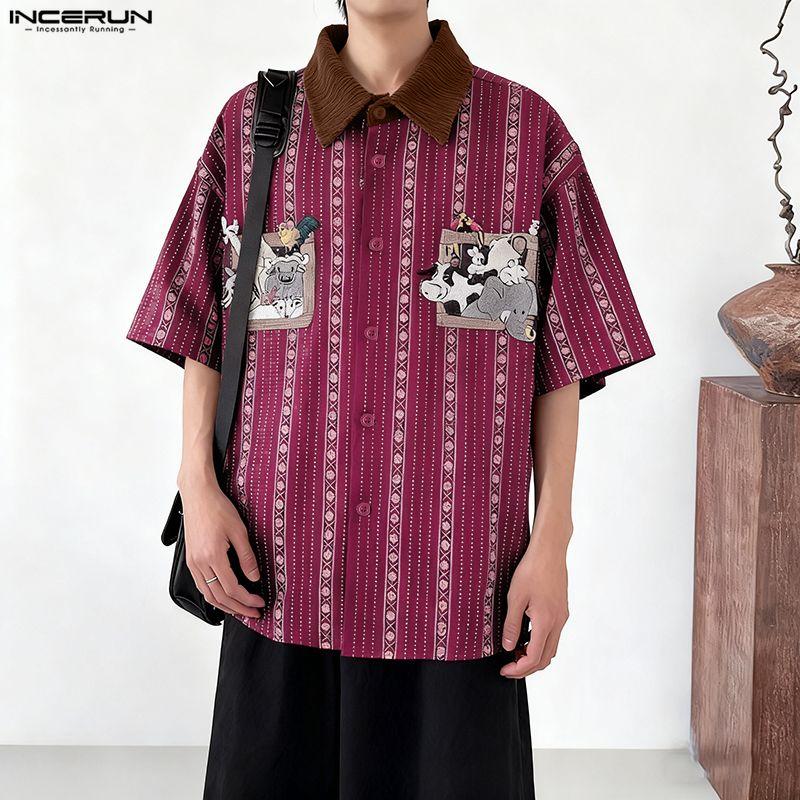 INCERUN Summer Men Lapel Neck Short Sleeve Patchwork Striped Casual Shirts Tops