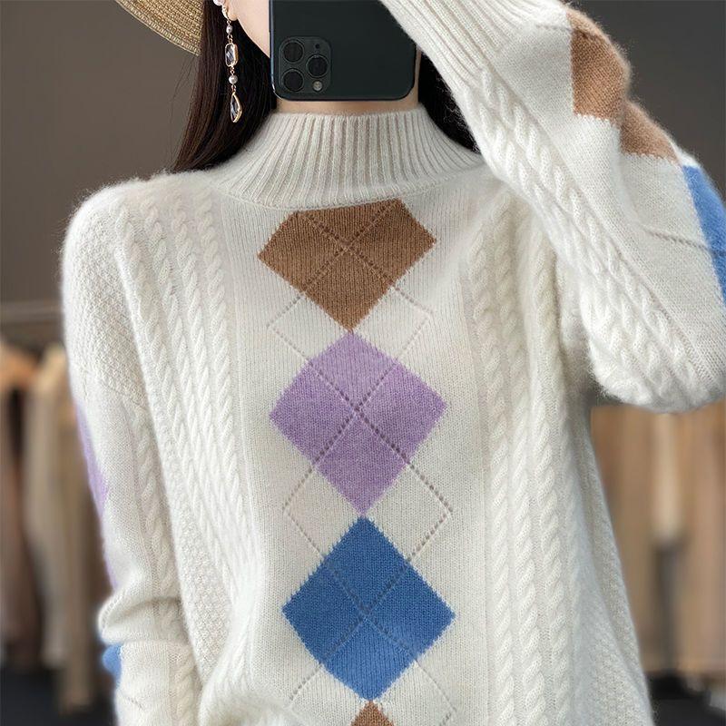 

Осень-зима свободный вязаный свитер-пуловер женский свитер с цветными блоками полуводолазка утолщенный трикотажный джемпер S белый