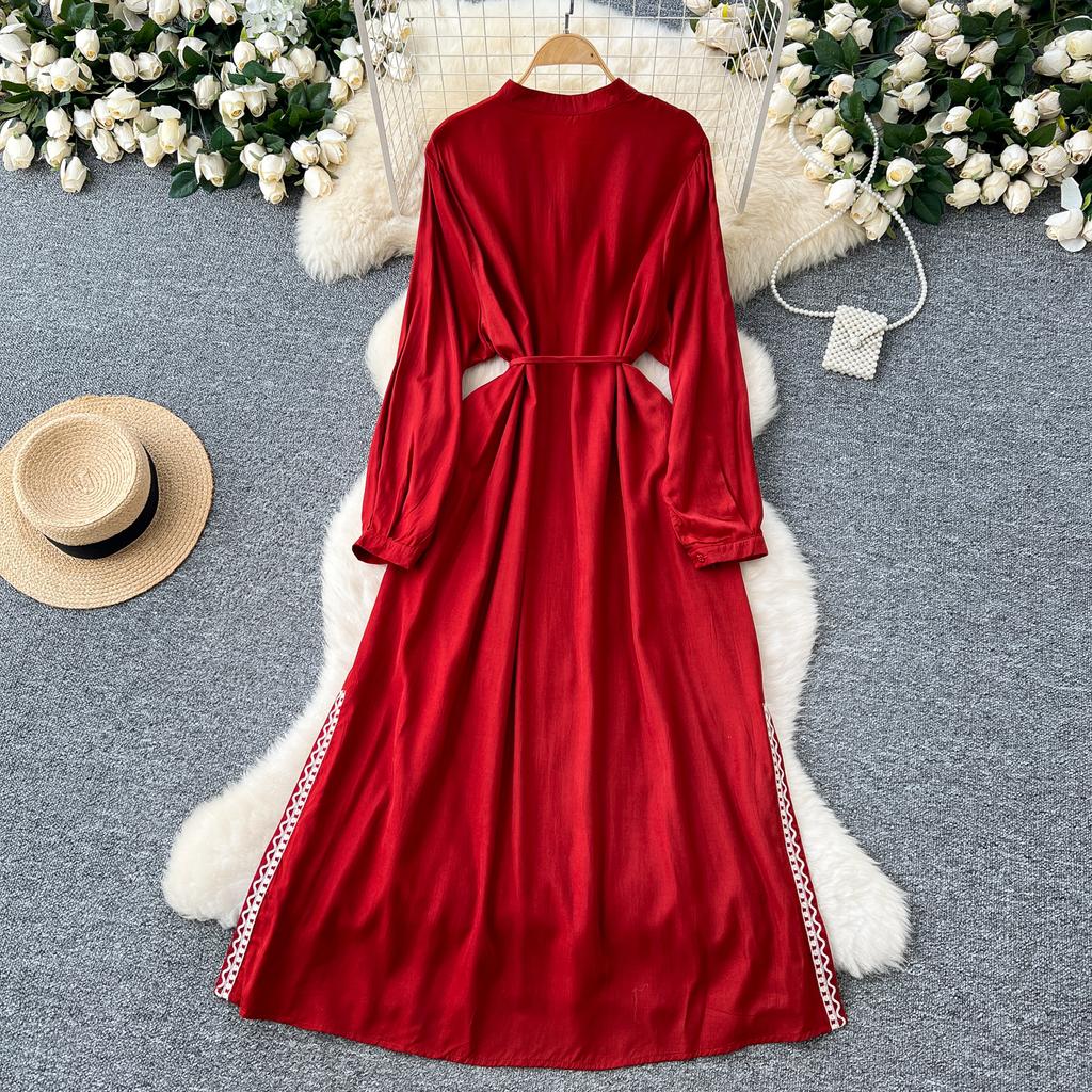 Vintage Maxi šaty pro ženy Výšivka Výstřih do V Dlouhý rukáv Dámské šaty Šněrování Vysoký pas Elegantní šaty