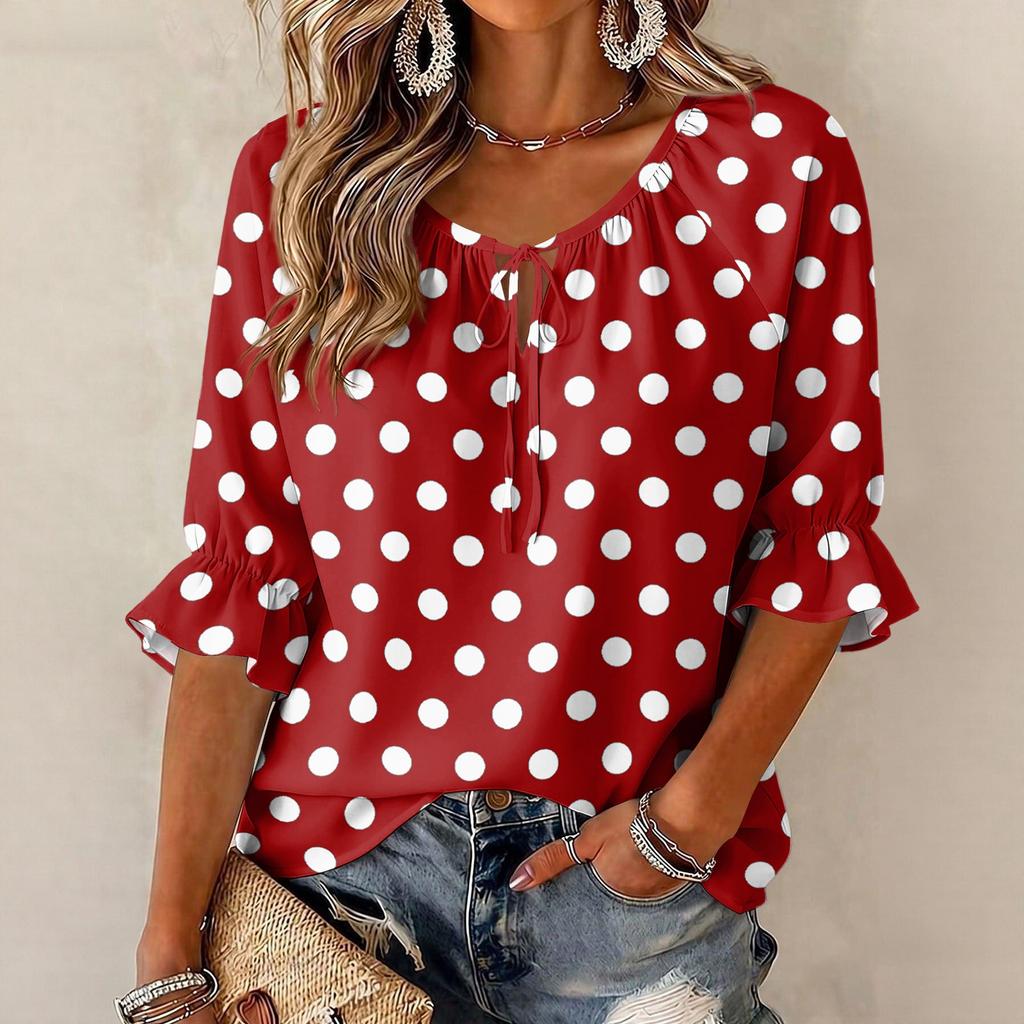 Women's Round Neck Polka Dot Blouse with Tie Front and Ruffle Hem 3/4 Sleeve
