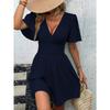 QICED Fashion Summer Spring Solid Color Print V-Neck Short Sleeve  Casual Dresses