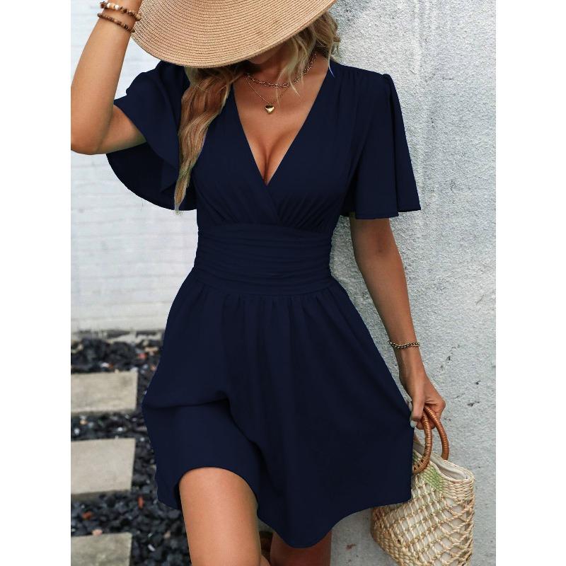 QICED Fashion Summer Spring Solid Color Print V-Neck Short Sleeve Casual Dresses