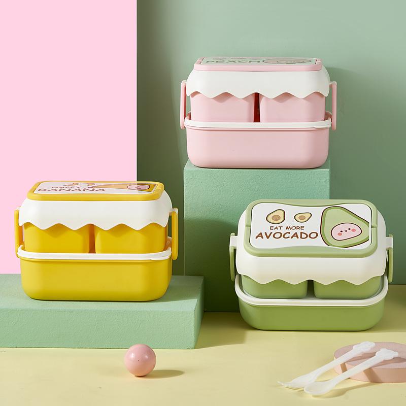 Microwaveable Cartoon Bento Box - Double-Layer Plastic, Compartmentalized for Student Lunches/Fruit