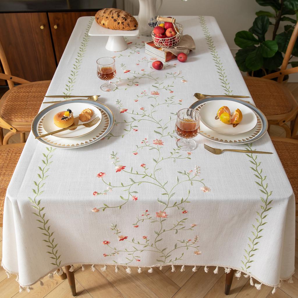 Amazon Nordic Embroidered Table Cloth Plant Flower American Decorative Rectangular Table Dust Tablecloth