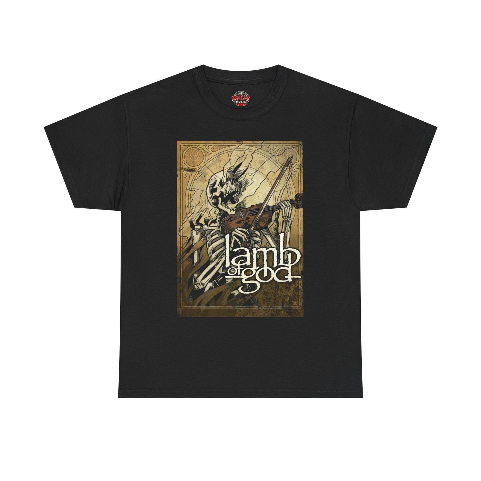 Lamb of God Skeleton Violin Smoke Coming Out of Eyes Rock Band Unisex T-Shirt XXXL