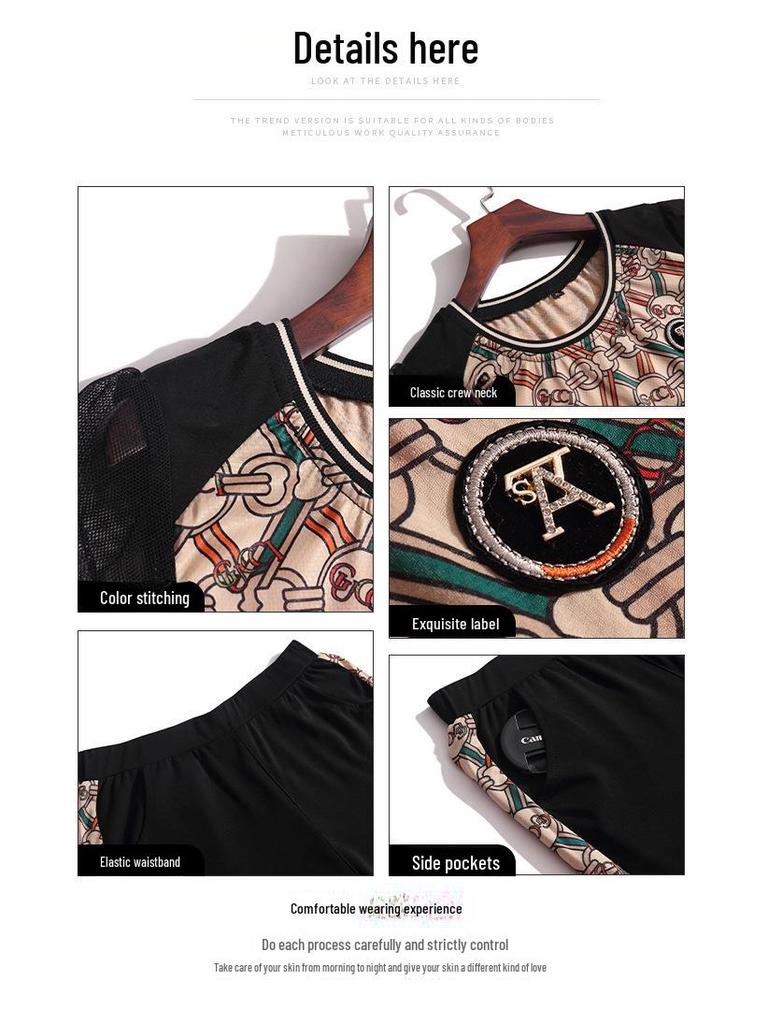 Summer 2023 Women's Mesh Splicing Short-Sleeve Cropped Pants Set - Fashionable Large Size Mother's Suit