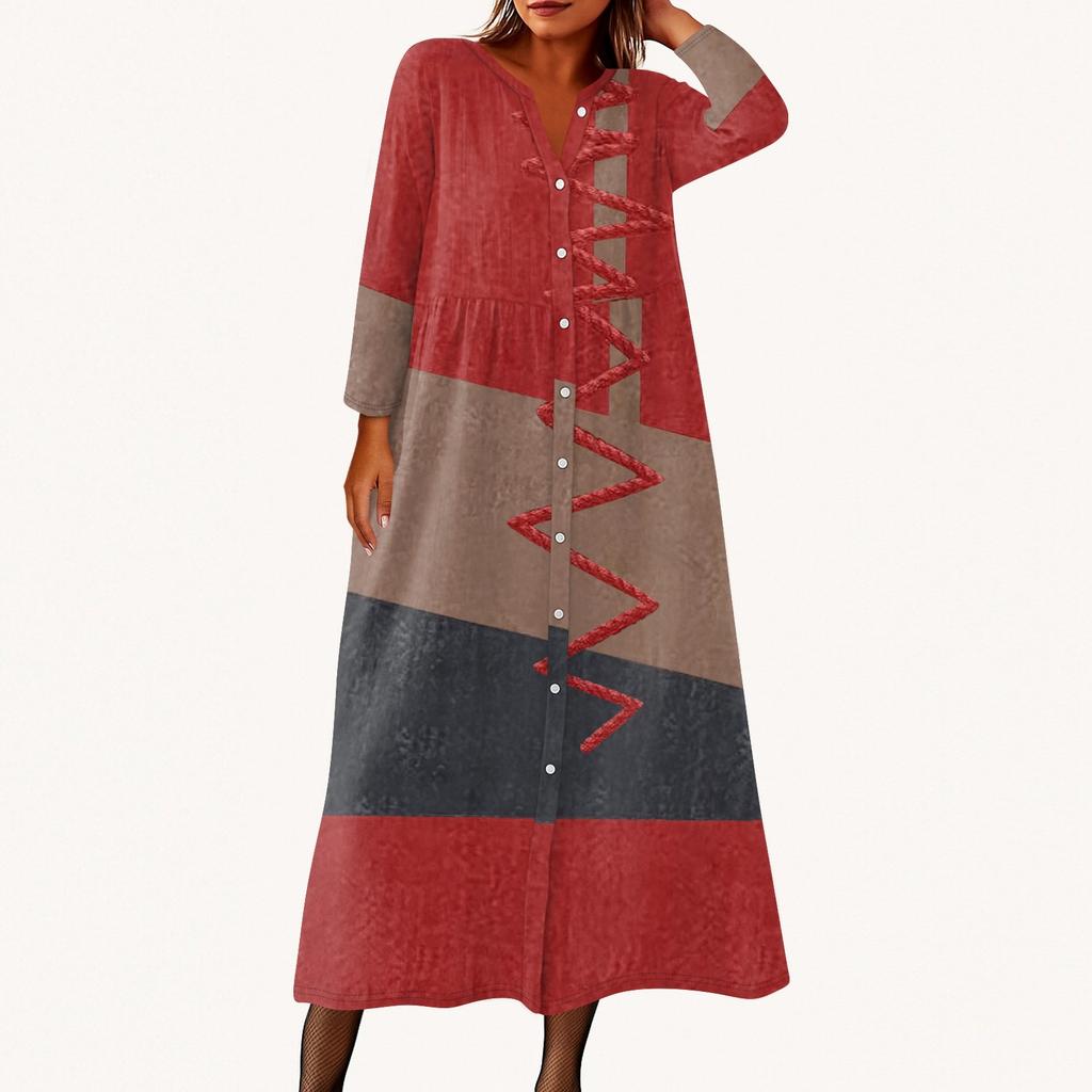 Dámské módní tištěné kulaté sedmiminutové rukávy knoflíkové volné košilové šaty