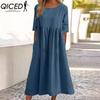 QICED Women's Fashion Summer Spring Solid Color Print Short Sleeve O-Neck High Waist Casual Dresses