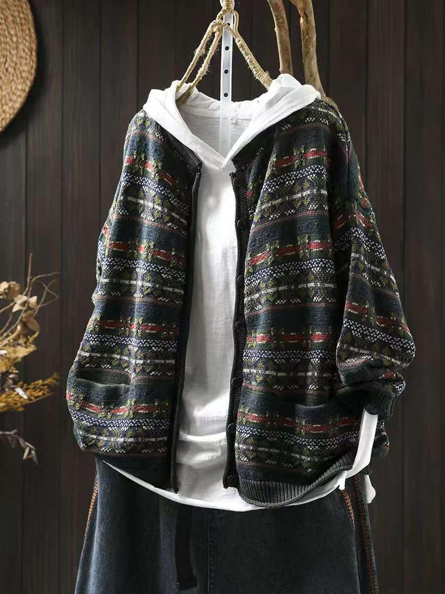 

Johnature Женские винтажные вязаные свитера с длинным рукавом Весенние карманы Принт Цветочный кардиган Свитера в китайском стиле One Size зелёный