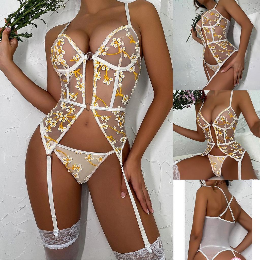 Dámské sexy erotické spodní prádlo krajkové vyšívané spodní prádlo dvoudílné s ocelovým prstenem