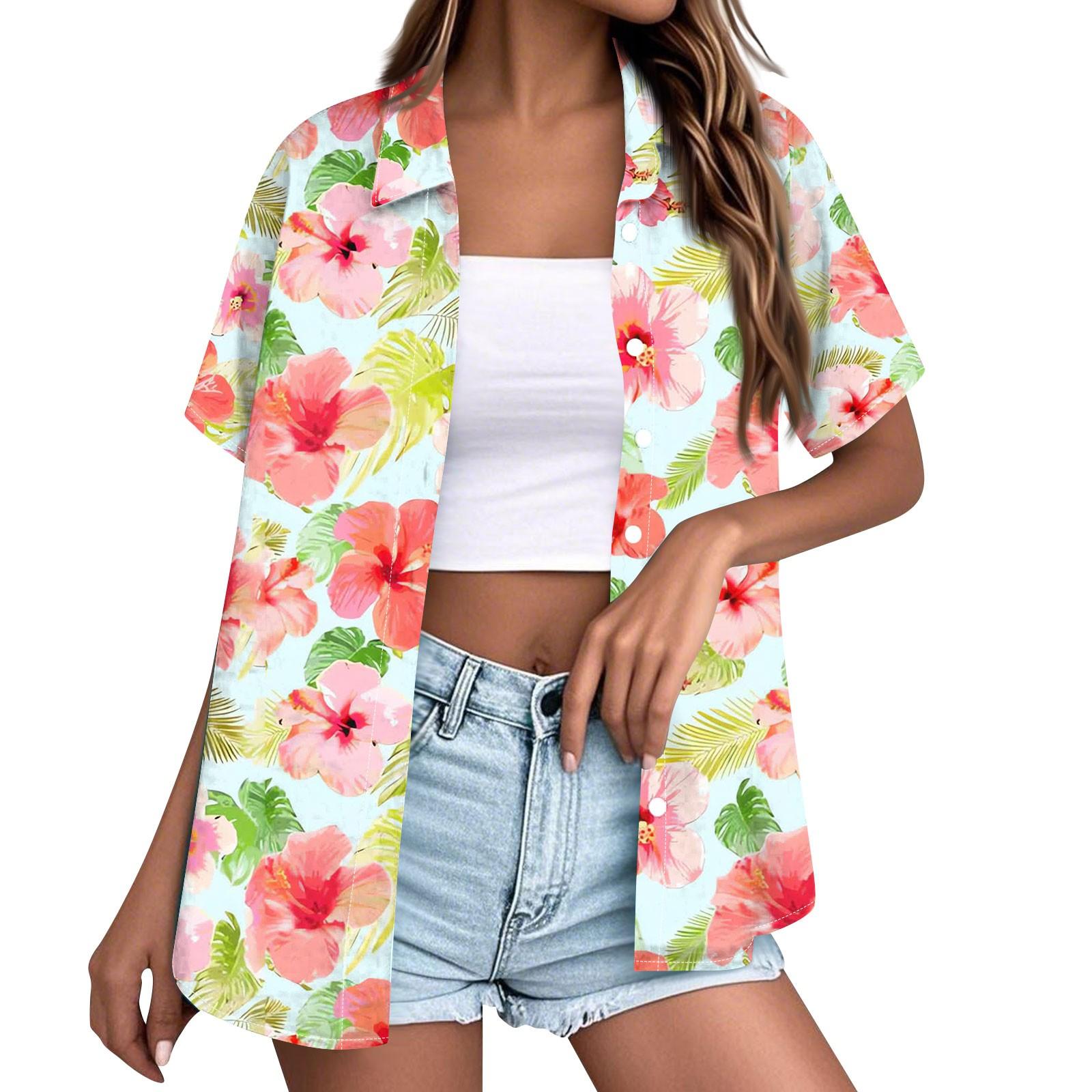 

Женская модная повседневная гавайская блузка с коротким рукавом и лацканами на пуговицах M