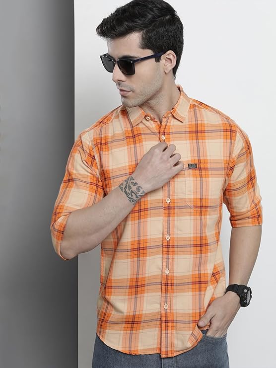 

Men Slim Fit Checkered Full Sleeves Spread Collar Casual Shirt ( Rust ) 2XL