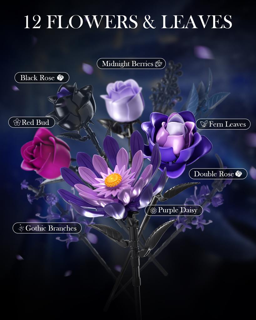 1218PCS Dark Romance Gothic Bouquet Building Blocks Flower With Vase Model Educational DIY Home Decoration Gift For Kids Adults