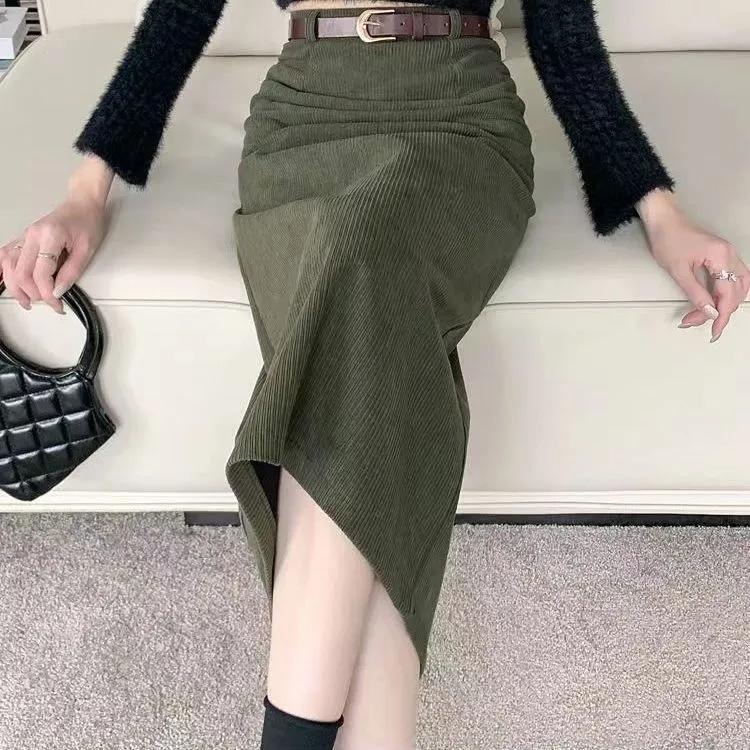 High Waist Slimming Retro Corduroy Midi Skirt Hip Concealing Straight Leg A- Line Wrap Around Skirt for Women Solid Color