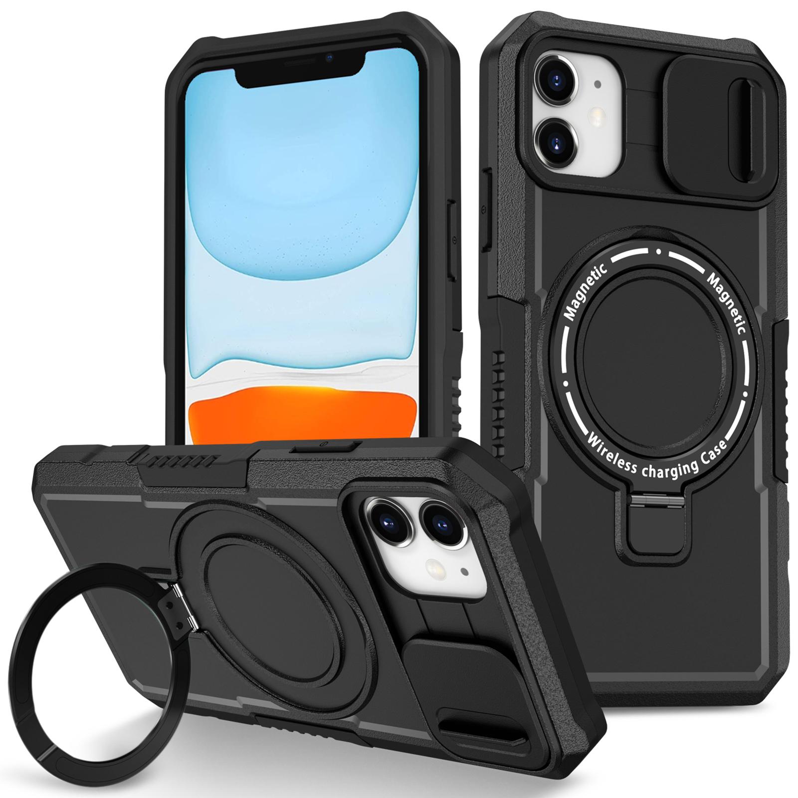 

For iPhone 11 Case Invisible Magnetic Kickstand PC+TPU Phone Shell Built-in Sliding Lens Cover Black