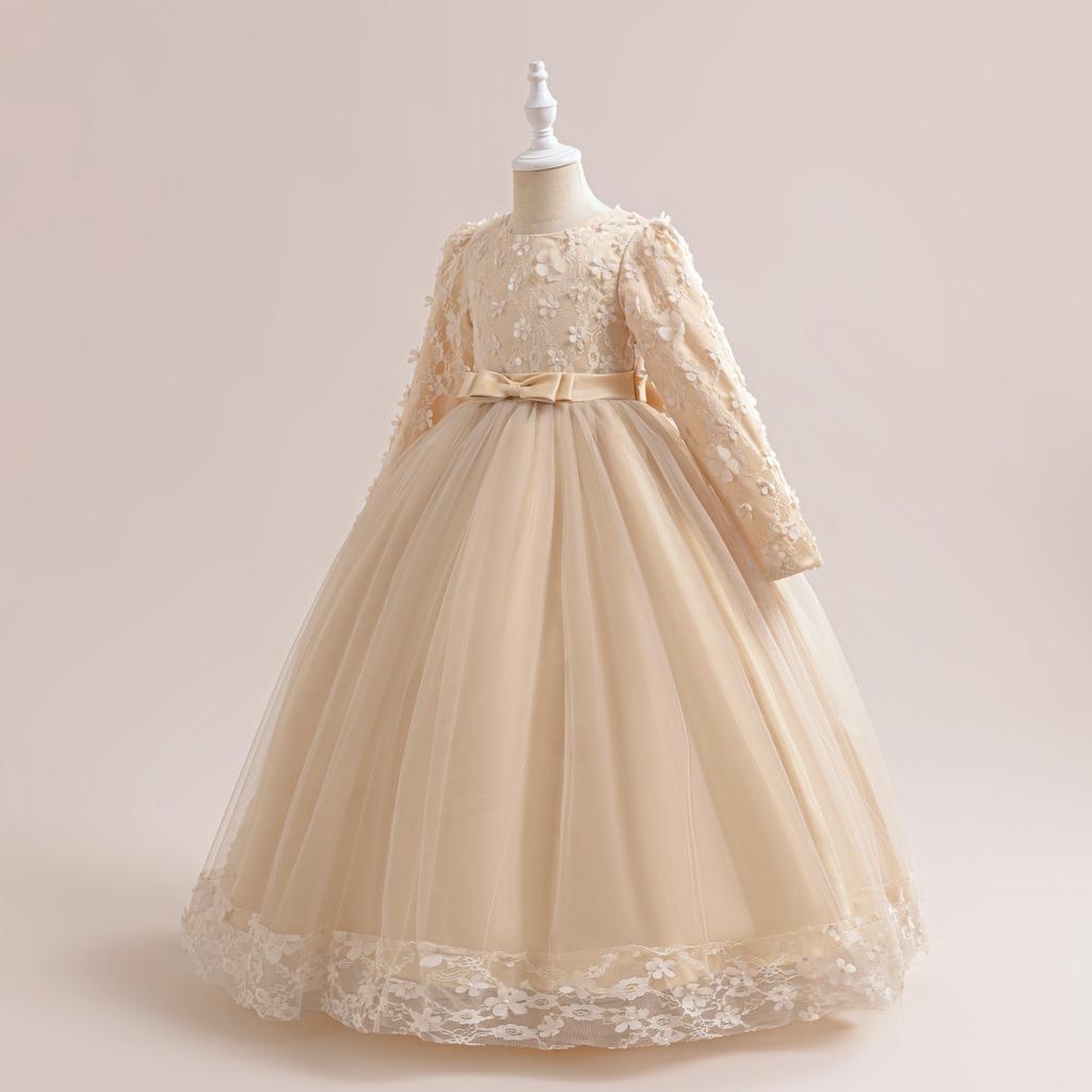 Flower Girl Princess Dress For Weddings Summer Kid Formal Bow Long Gown For School Evening Party Children New Year Cloth DZ752