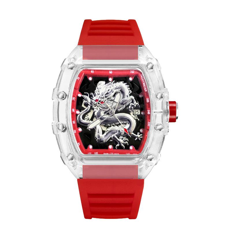 Domineering High-Value Fashion Trend Luminous Waterproof Wine Barrel-Shaped Men'S Watch Silver Dragon