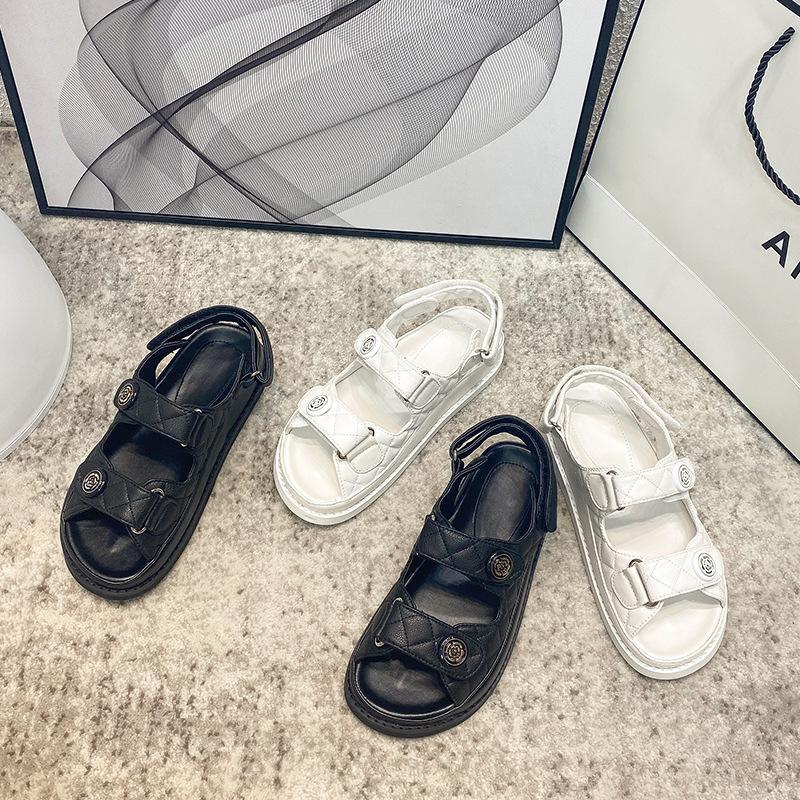 Sandals for Women 2025 New Fairy Style Genuine Leather Velcro Summer New Versatile Flat Bottom Women's Shoes Ins Trend