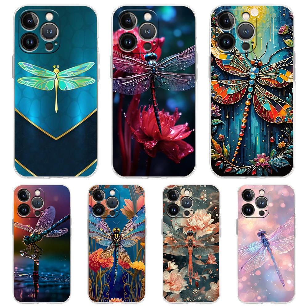 Soft TPU Transparent Phone Case Cover for iPhone 16 15 14 13 12 11 Pro Max 16E 8 7 Plus XS Max Shockproof Shell Dragonfly Capas