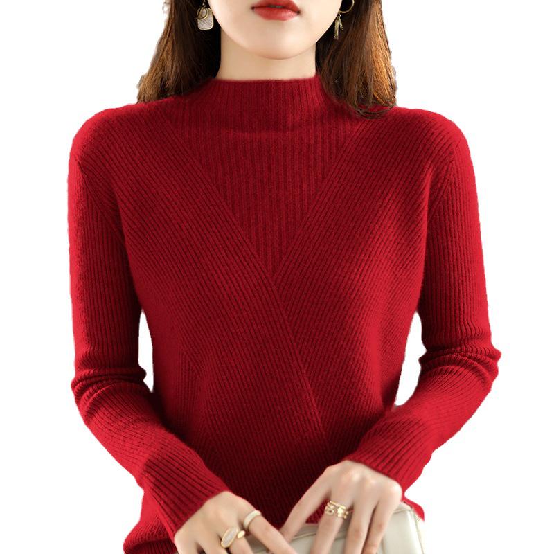 Women's High Neck Slim Fit Wool Sweater - Stylish, Thick, Versatile Long Sleeve Knitwear for Autumn and Winter