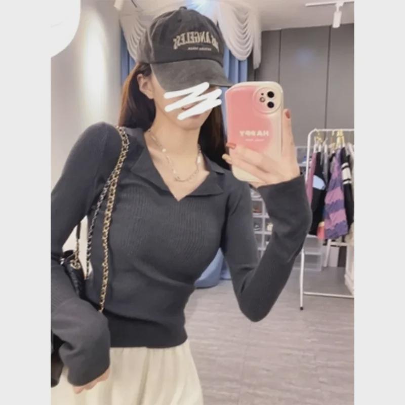 Milk Apricot V-Neck Knitted Sweater for Women - Spring Slim Fit 2025, Sweet & Spicy Polo Neck, Long-Sleeved Top, Bottoming Shirt