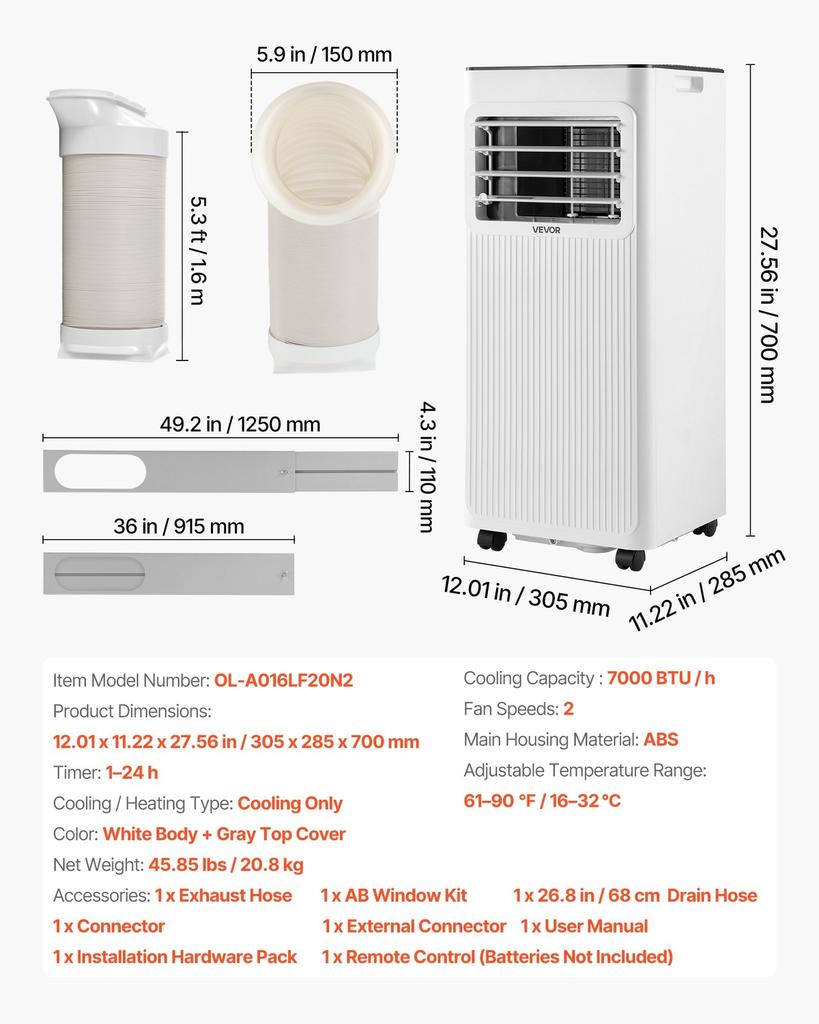 Portable Air Conditioner, 7000 BTU 2kW 3-in-1 Standing Cooling Ac Unit, LED Touch Panel & Remote Control, 24h Timer, Cooling/Dehumidifier/Fan Mode for