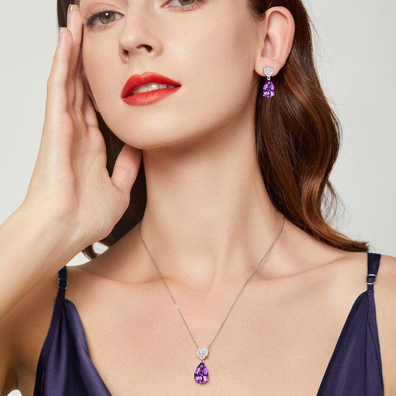 Temperament Water Drop-shaped Violet Zircon Rose Full Diamond Group Set Deep Purple Pendant Earrings Women's  2026
