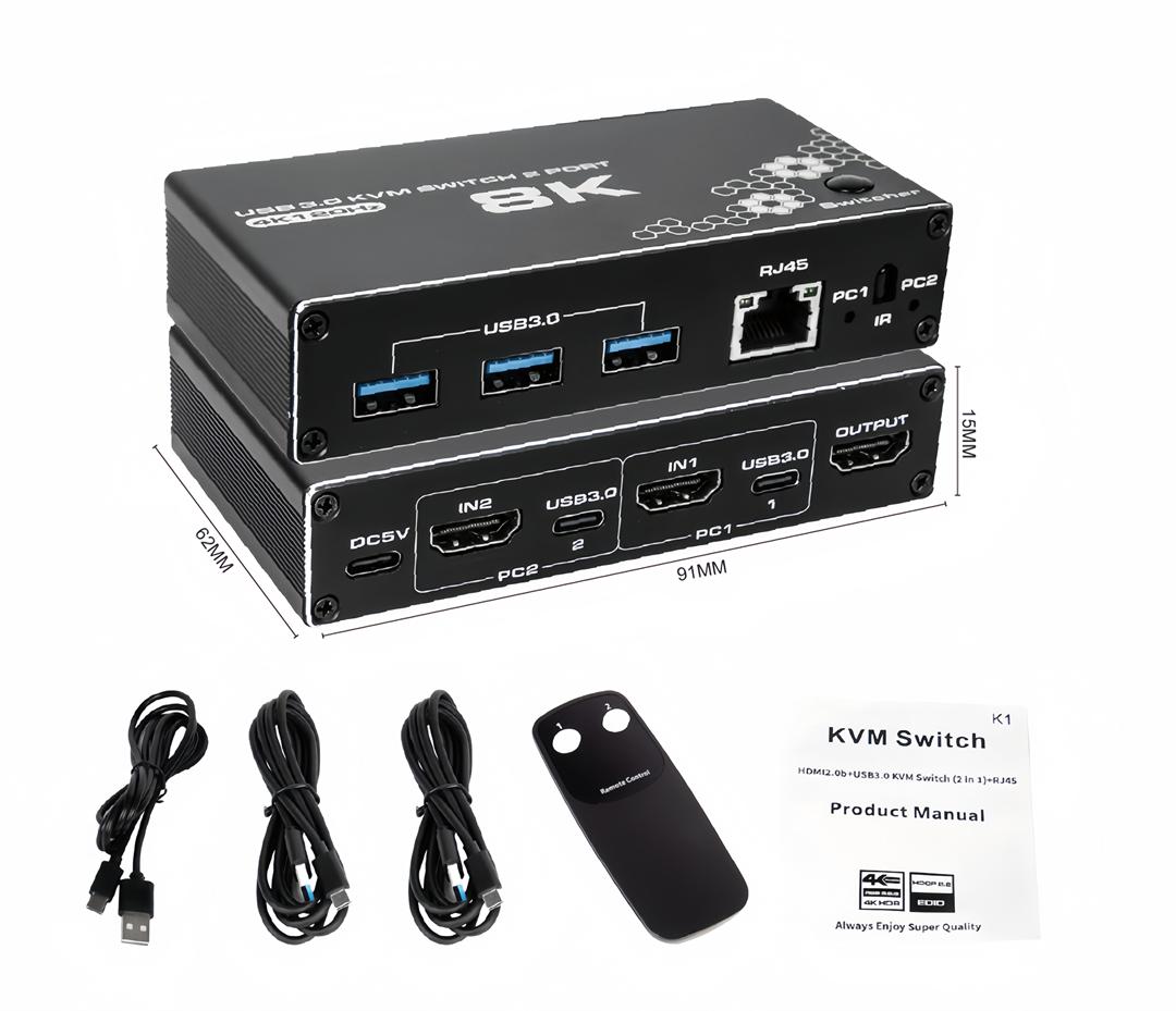 8K HDMI KVM Switch 2 in 1 Out 2x1 Switcher USB 3.0 KVM Switcher Support RJ45 Ethernet 8K 30Hz, 4K for Computer Monitor Keyboard