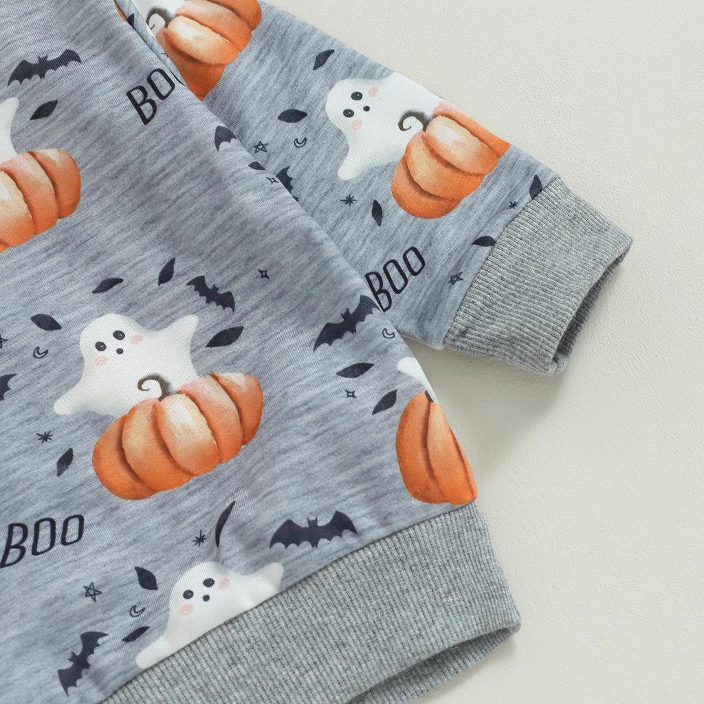 Baby Boys Halloween Clothes Pumpkin Print Long Sleeve Sweatshirt and Elastic Pants 2 Piece Tracksuit for Toddler