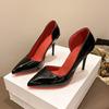 12 thin heels sexy red inner high heels women's 41 red sole side empty large size 42 light mouth patent leather work shoes 43
