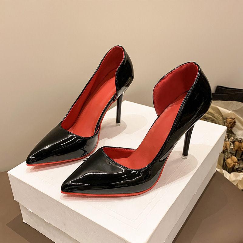 12 thin heels sexy red inner high heels women's 41 red sole side empty large size 42 light mouth patent leather work shoes 43