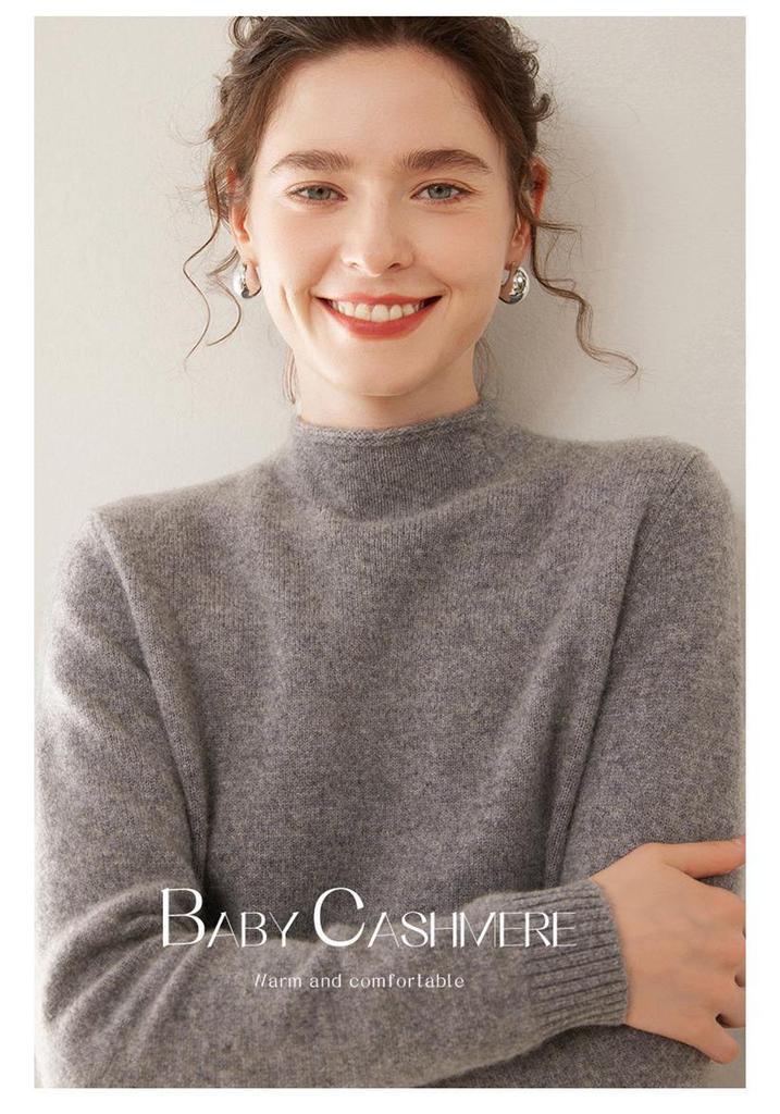 Women's Cloud-Like Cashmere Pullover Sweater - Rolled Hem, Thick, Double-Strand Knit, Half-High Neck
