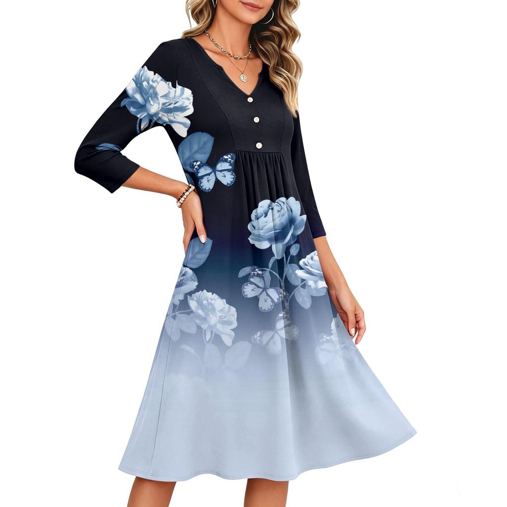 Women's Fashionable Floral Print V-Neck Three-Quarter Sleeve Casual Summer Dress