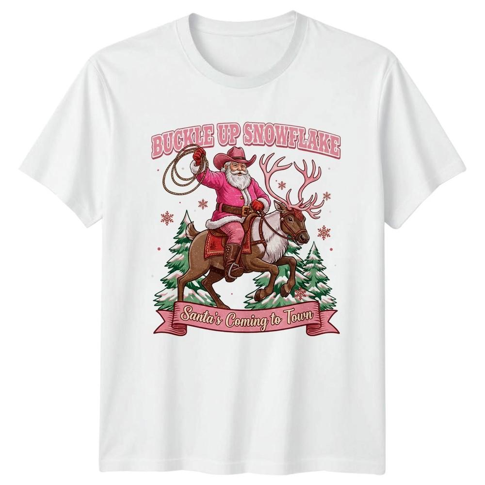 Buckle Up Snowflake Santas Coming To Town Christmas Western Unisex Graphic Tee S