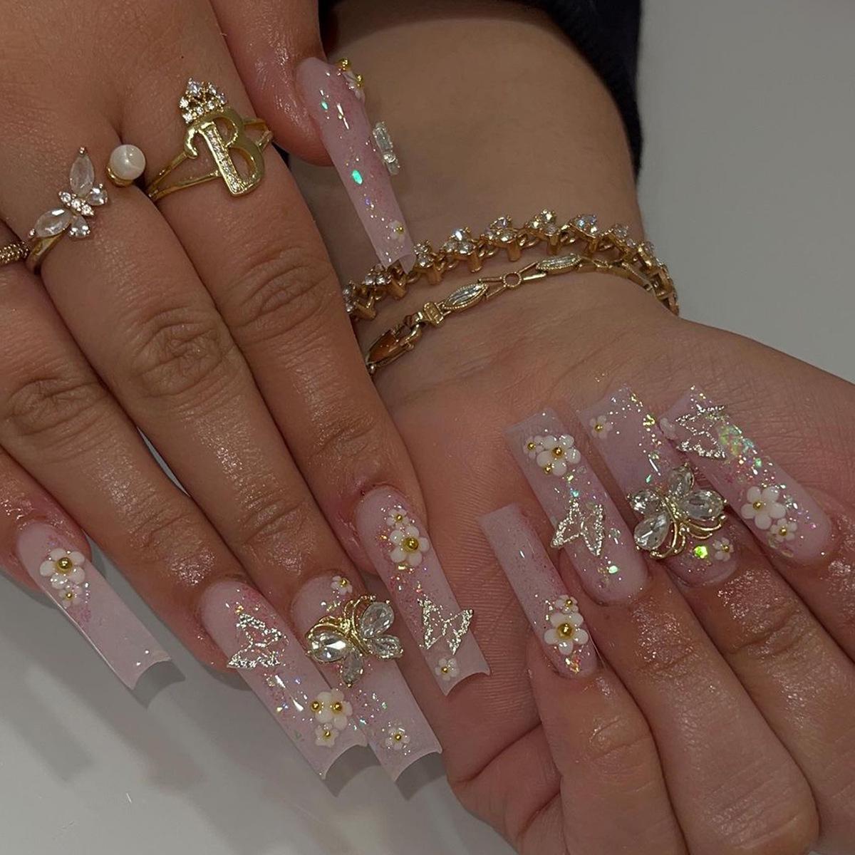 

Sweet Floral Diamond Butterfly Long Pipe Press-On Nail Tips