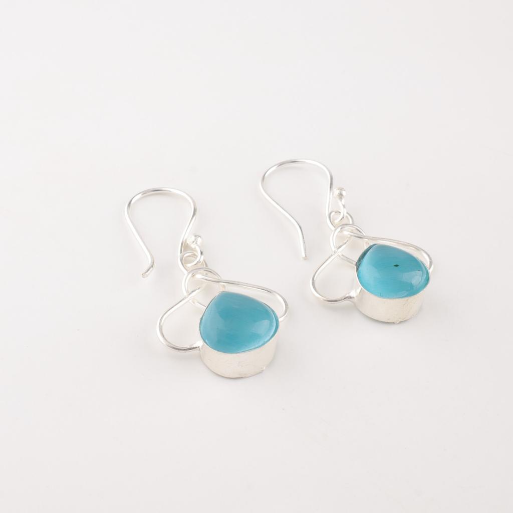 Blue Cat's Eye Gemstone 925 Stamped Silver Jewelry Handmade Hook Earrings 1.50" EE-2-43
