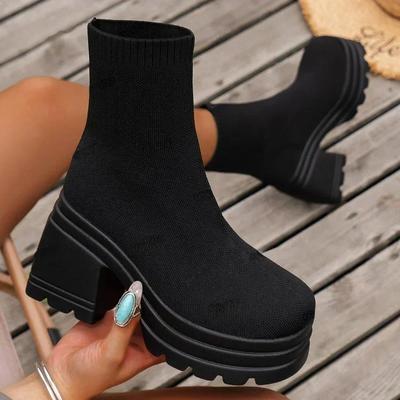 Botas de tornozelo de malha da moda femininas casuais salto super alto sapatos de sola grossa femininos outono cano alto elástico overfoot meias botas