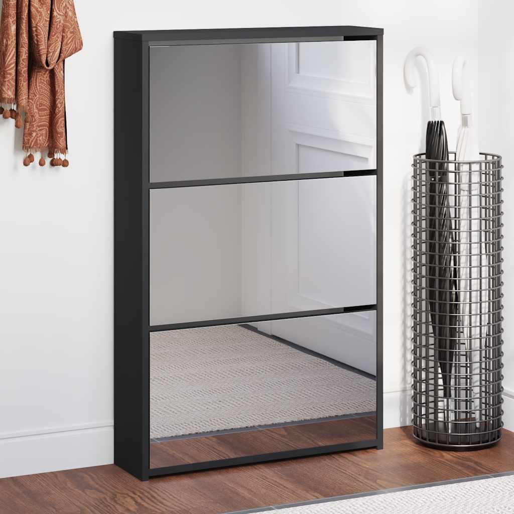 Shoe Cabinet with Mirror 3 Tier Black 63 x 17 x 102.5 cm
