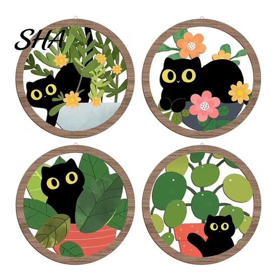 Black Cat Wall Art 4PCS Sign, with Warm Grain Texture Wood Art, Scratch-Resistant Sun-resistant Hanging Home Decor, Nordic Retro Style for Nursery