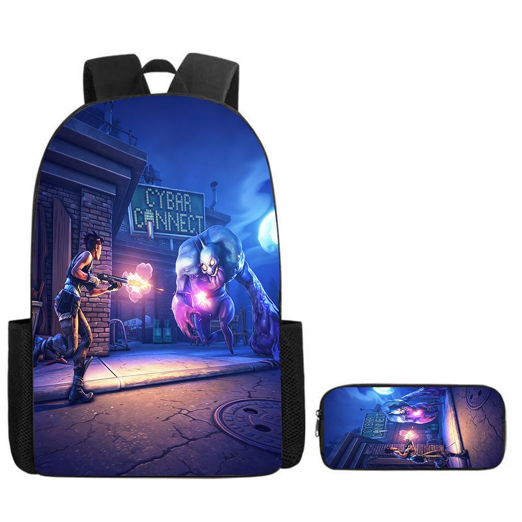 Lightweight Fortnite Cartoon 2Pcs Combo, Backpack and Pencil Case, Unisex Kids Aged 6-14 Portable School Kit