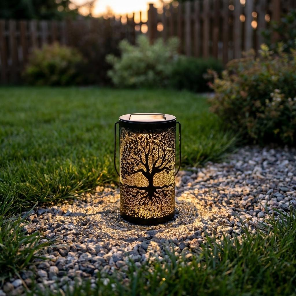 Outdoor Waterproof Garden Lantern with Hollow Tree Pattern Metal Cylinder Hanging Landscape Light for Patio Yard Decoration