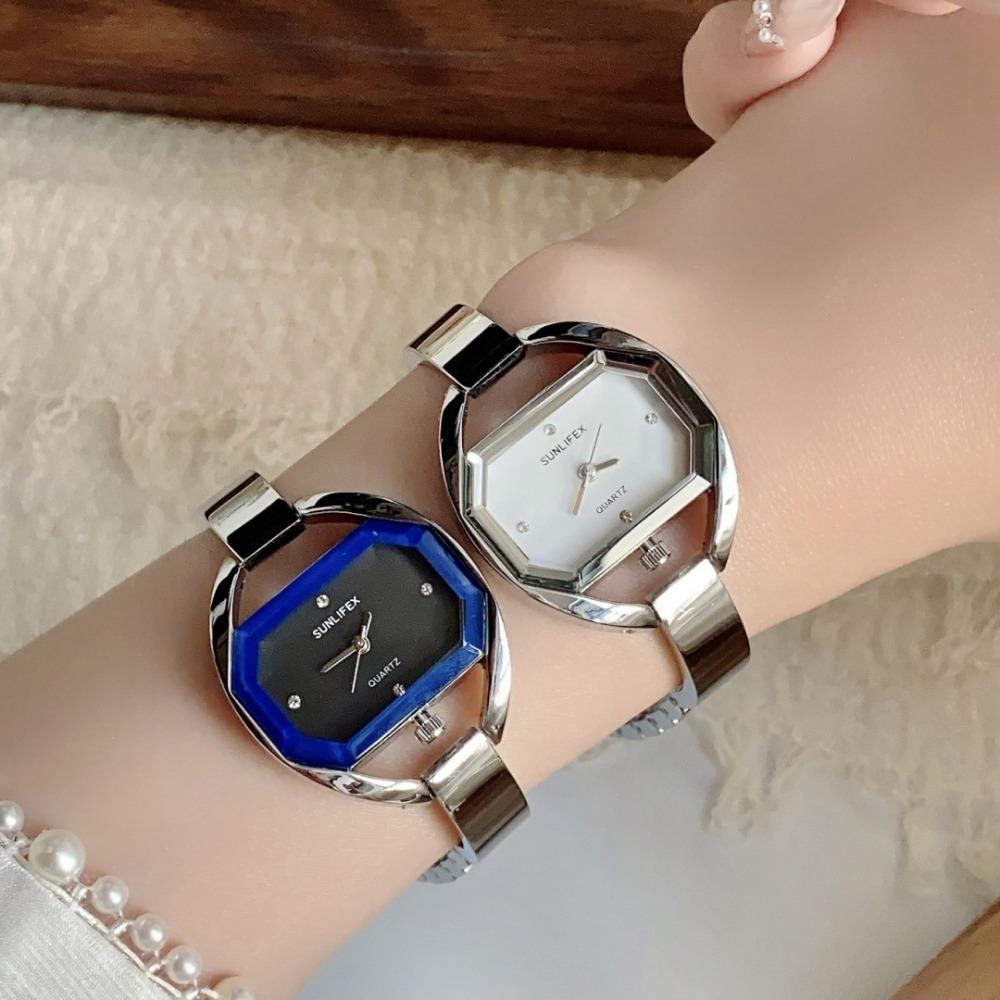 Minimalist Octagonal Rhinestone Dial Ladies Quartz Watch Thin Metal Bangle Elegant Daily Wrist Watch