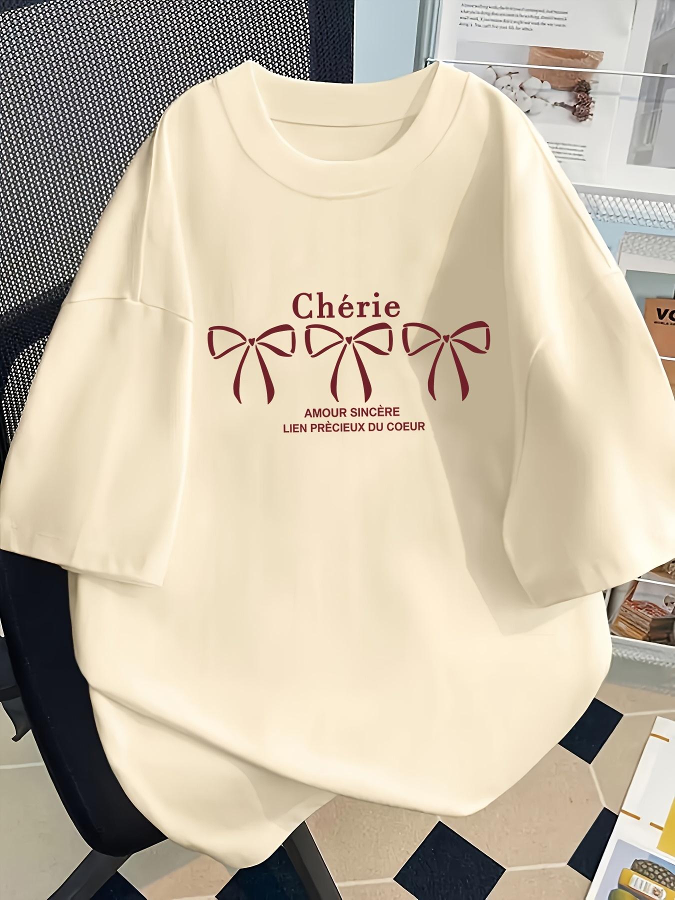 

Женская хлопковая футболка в стиле Y2K - Модный принт с бантом, Свободный крой, Машинная стирка, Подходит для всех сезонов, Повседневная футболка 3XL