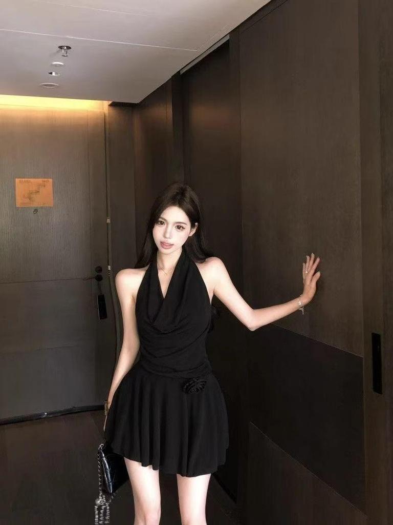 Summer Black Lace Dress - Sexy French-inspired, Pure Desire Style, Slim Fit, Halter Neck, Two-Piece Look