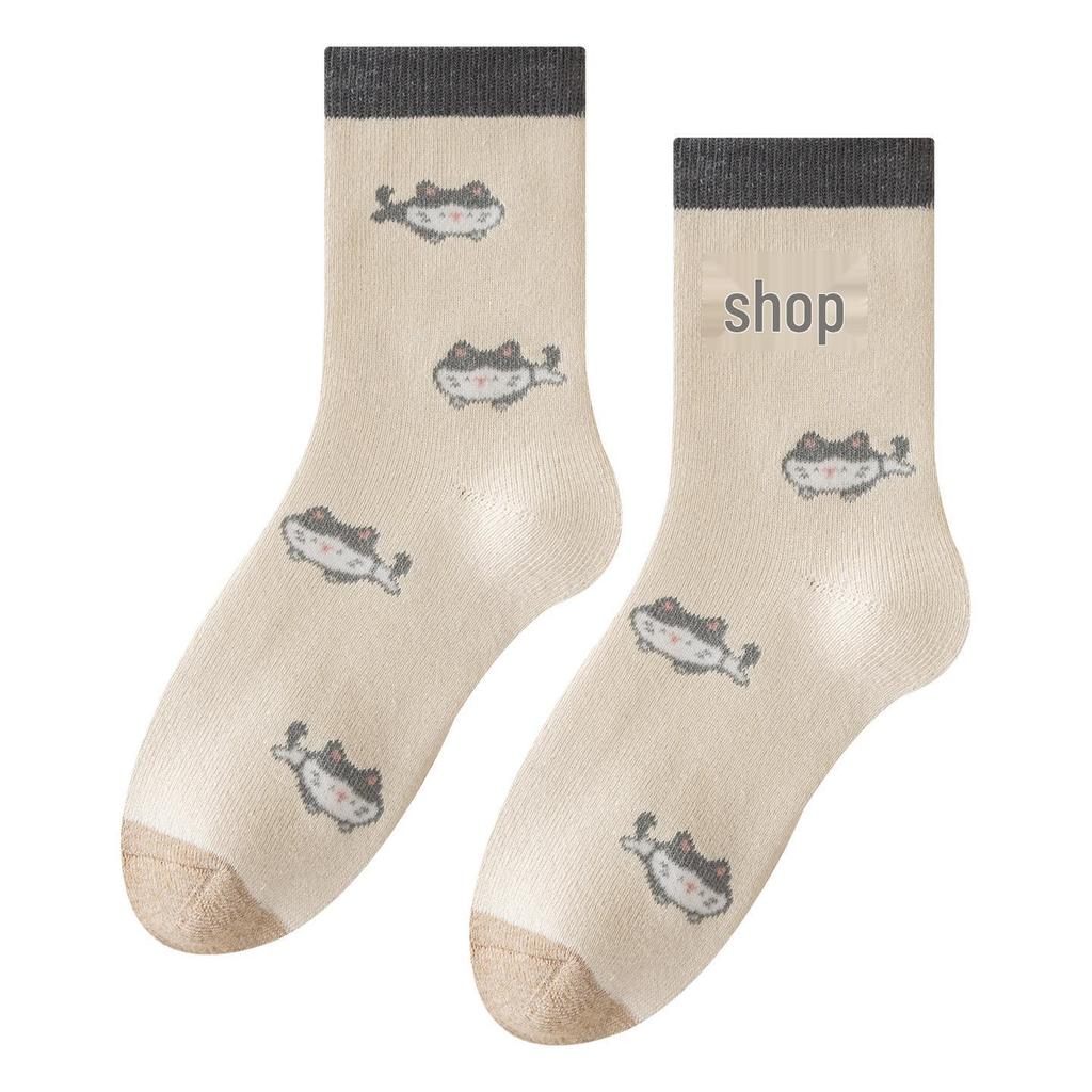 Women's Extra Thick Cat Mid-Tube Terry Socks for Autumn and Winter Warmth
